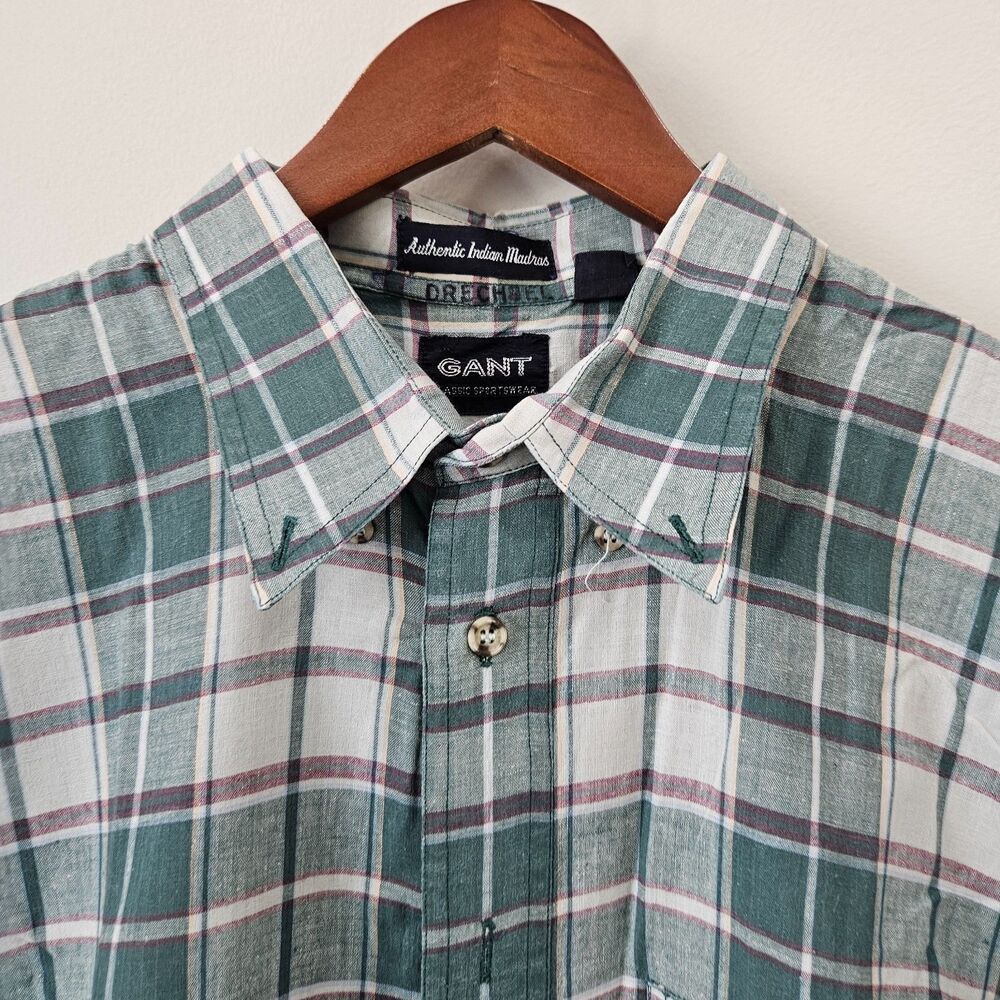 Gant Indian Madras Plaid Button Down Shirt XLT Green Grey Country Preppy Golf - Picture 3 of 10